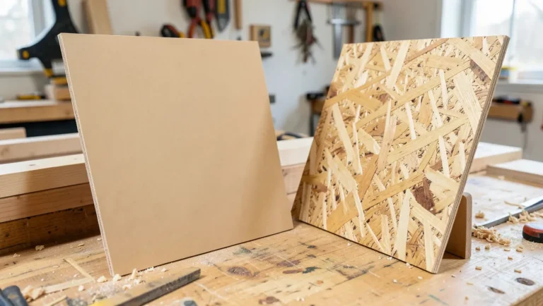 MDF board and OSB board sheets leaning side by side in a workshop showing surface texture difference