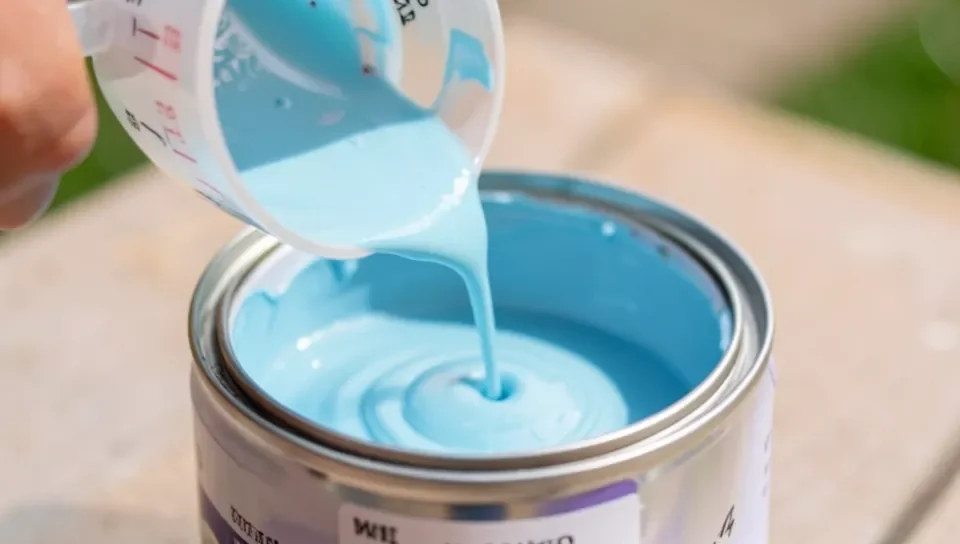 Measuring water into an open can of paint
