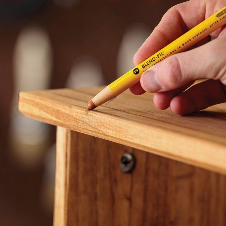 Minwax Blend-Fil No. 2 wood repair stain pencil being used on wood corner