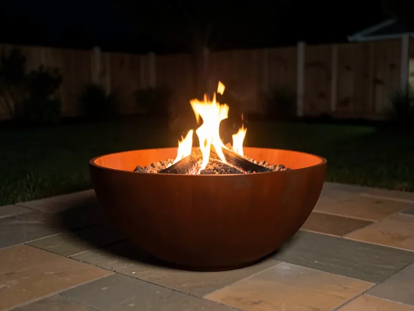 Modern corten steel wood-burning fire pit glowing on a backyard patio at night