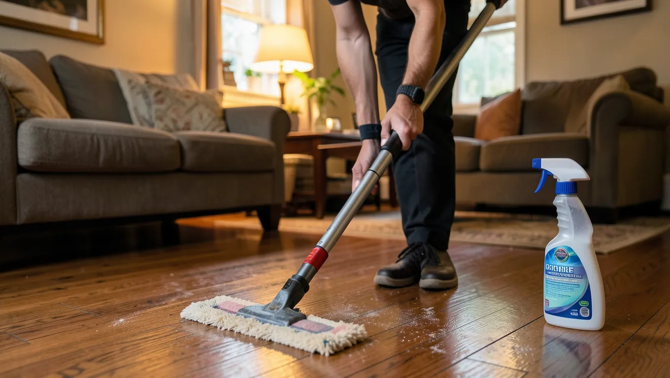 Mopping a hardwood floor with a nearly dry mop