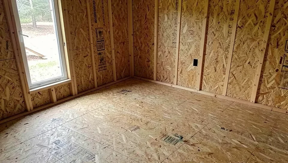 OSB board panels installed as structural subfloor sheathing in a house under construction