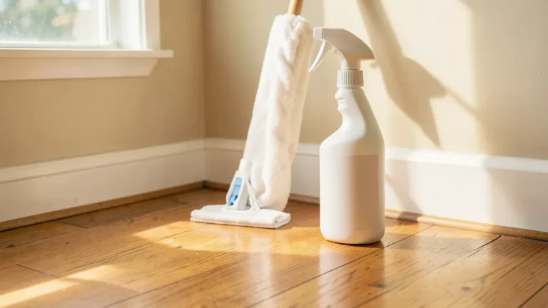 Spray bottle and mop on a sunlit hardwood floor
