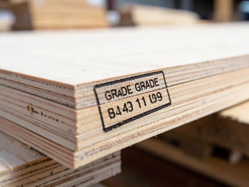 Grade stamp on the edge of a stack of plywood sheets in a lumber yard