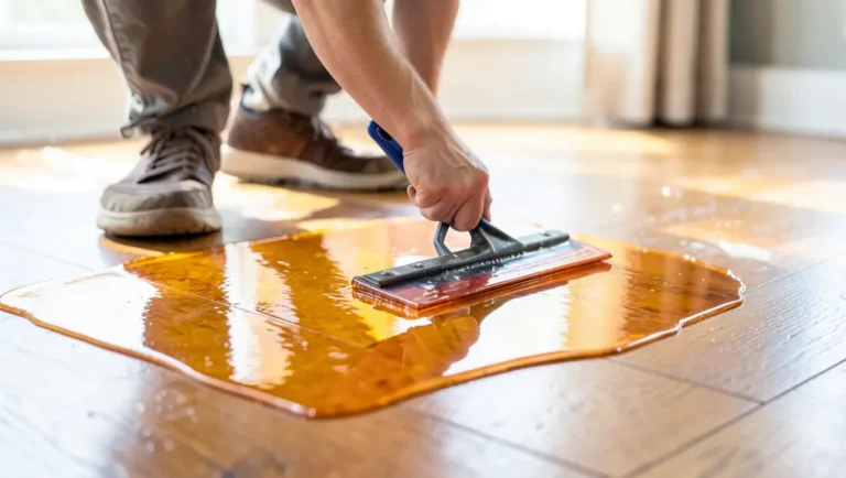 Pouring and spreading clear epoxy coating onto a wood floor with a squeegee