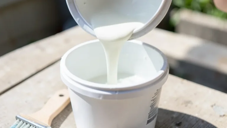 Pouring water into a bucket of latex paint to thin it