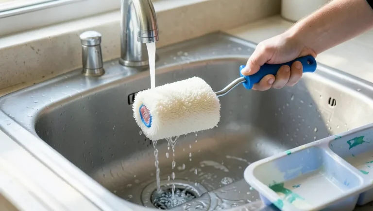 Rinsing a paint roller clean under running water in a sink