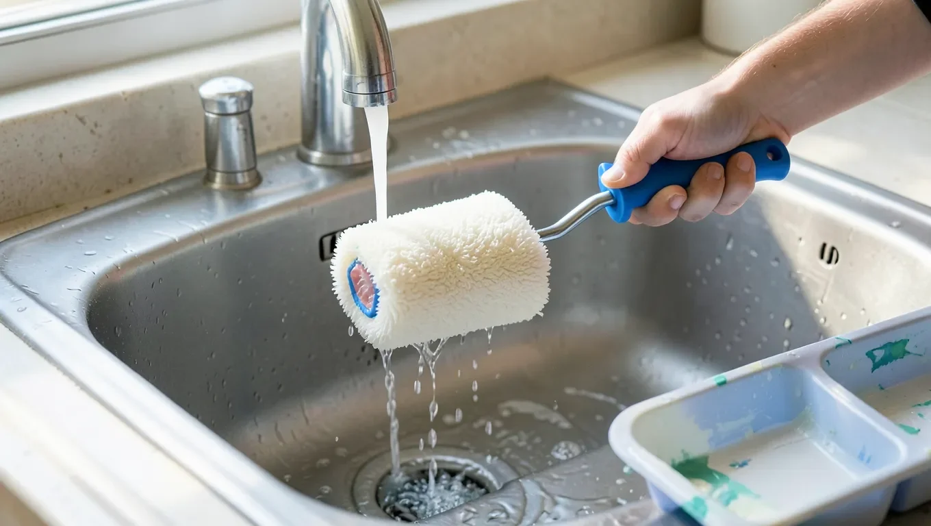 Rinsing a paint roller clean under running water in a sink