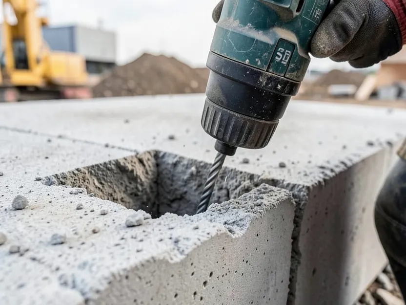 A rotary hammer with an SDS chuck drilling into dense reinforced concrete