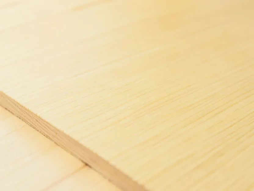 Close-up of smooth pale yellow-brown Sande plywood veneer face