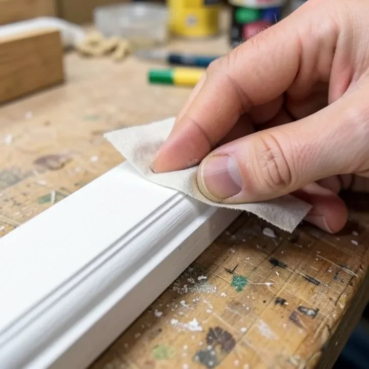 Hand sanding a painted wood surface with fine-grit sandpaper to prep it for shellac