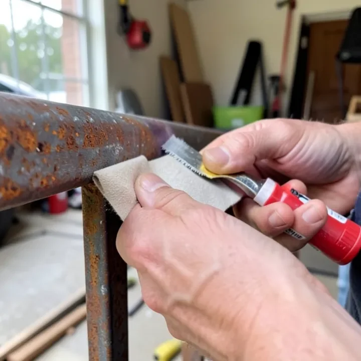 hands sanding a rusty metal railing to prep it for spray paint hands sanding a rusty metal railing to prep it for spray paint