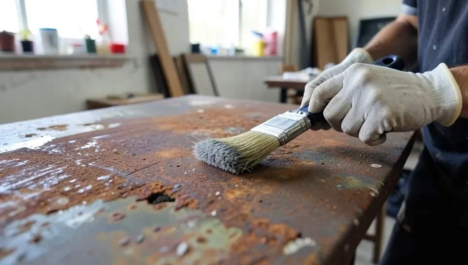 Rusty metal surface being sanded to prepare for painting