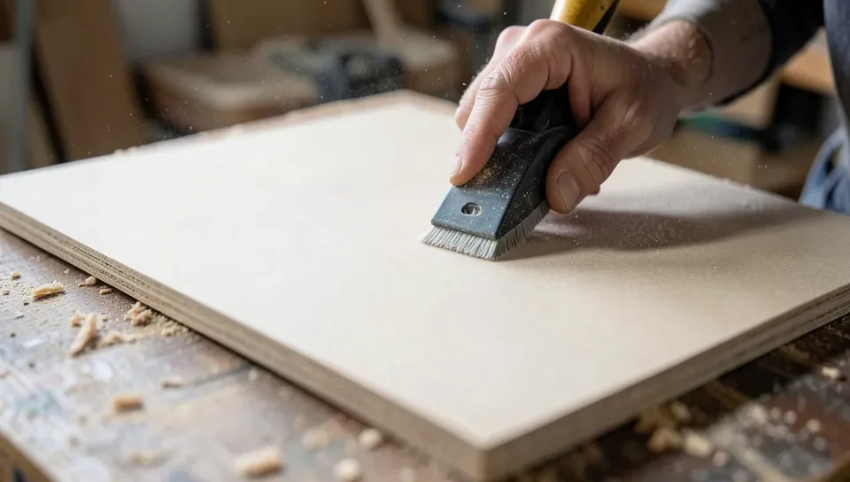 Woodworker sanding the smooth surface of an MDF panel on a workbench