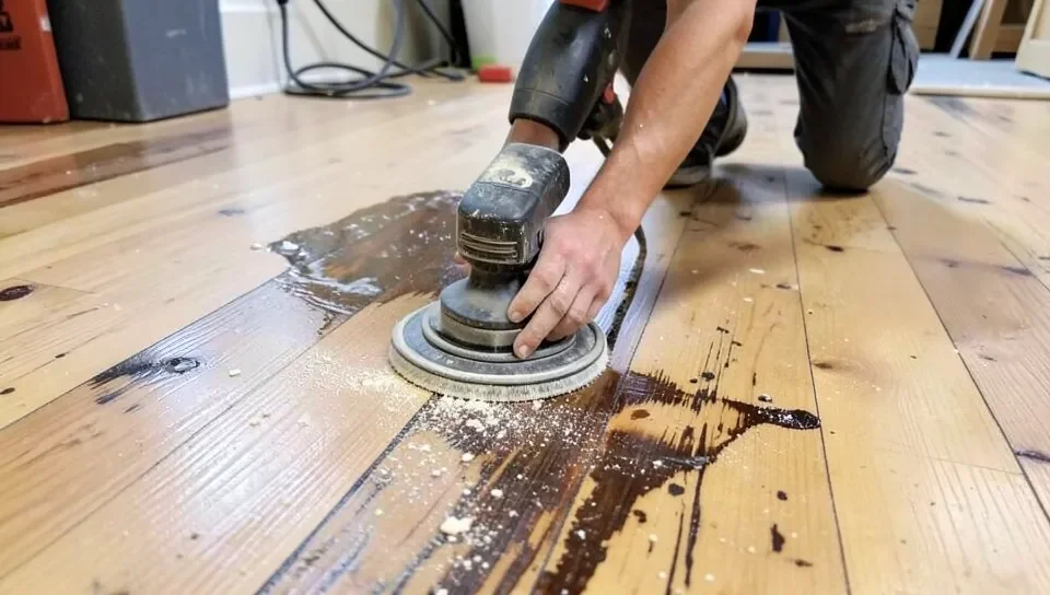 Sanding a wood floor with an orbital sander to prepare it for epoxy coating