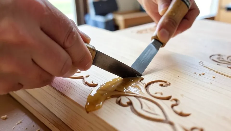 Scraping dried glue off a delicate carved wood surface with a chisel
