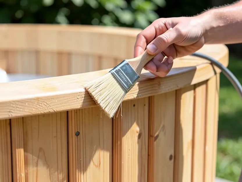 Applying sealant to the exterior of a cedar hot tub