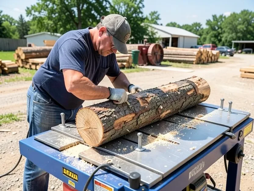 Worker securing a log onto a portable sawmill bed with clamps before cutting