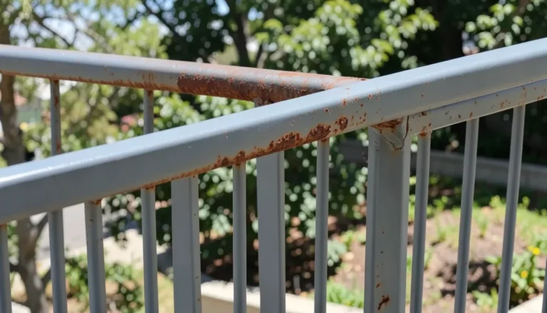 Metal railing freshly spray painted over a rust-prepped surface