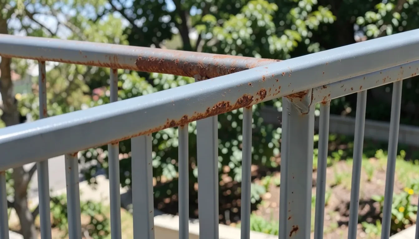 Metal railing freshly spray painted over a rust-prepped surface