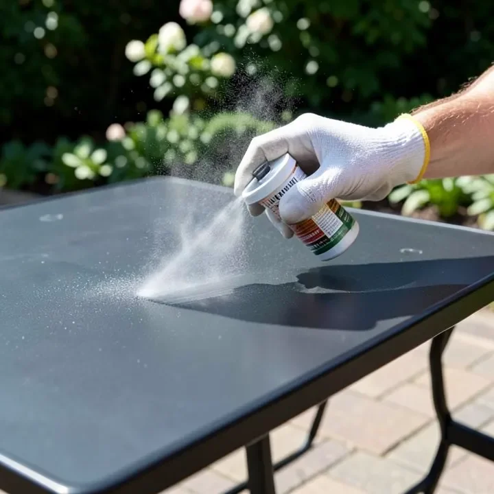 gloved hand spray painting a black metal patio table in even strokes