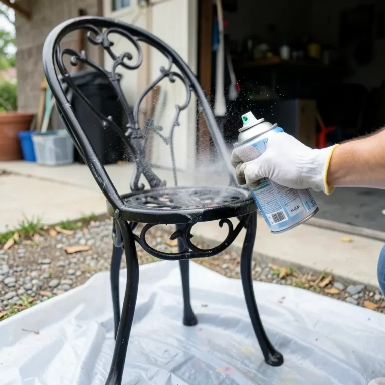 gloved hand spray painting a black metal chair with satin black spray paint outdoors