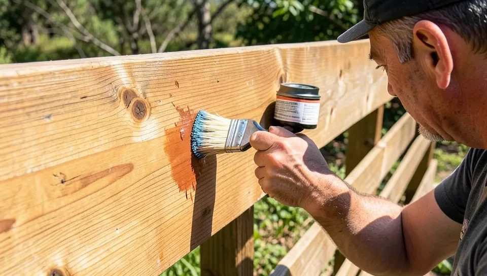 Applying stain to a cedar fence board