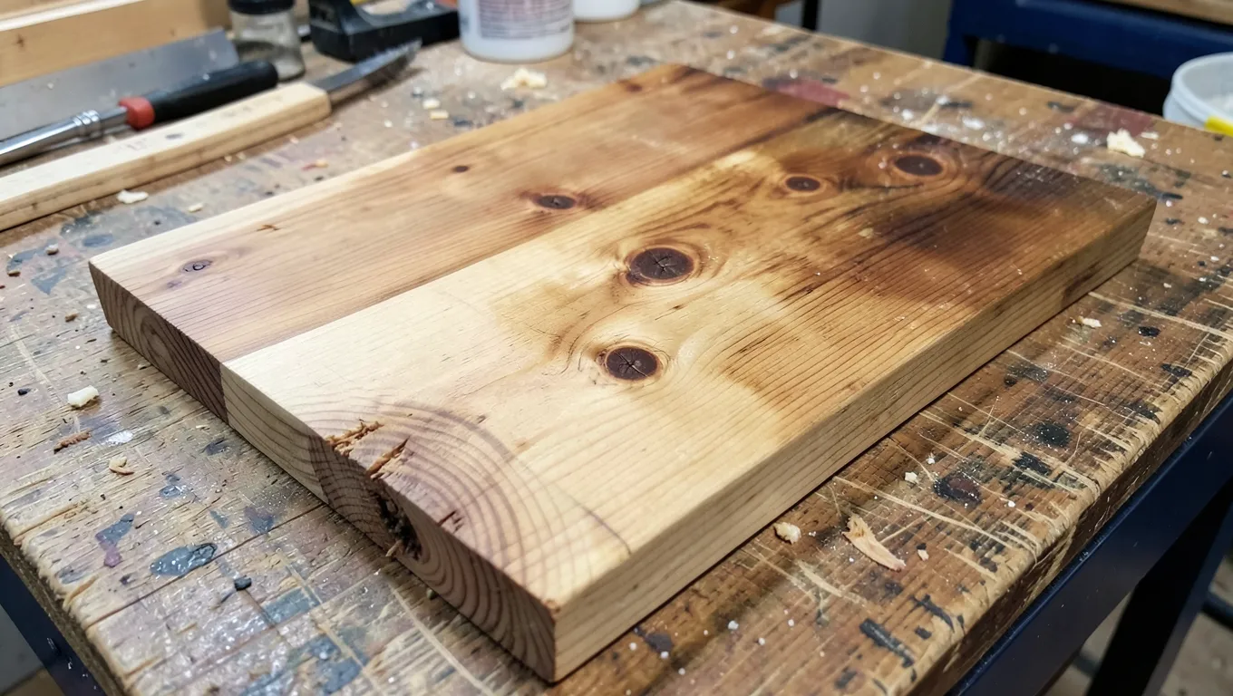 A pine board partially stained, showing raw wood next to stained wood grain