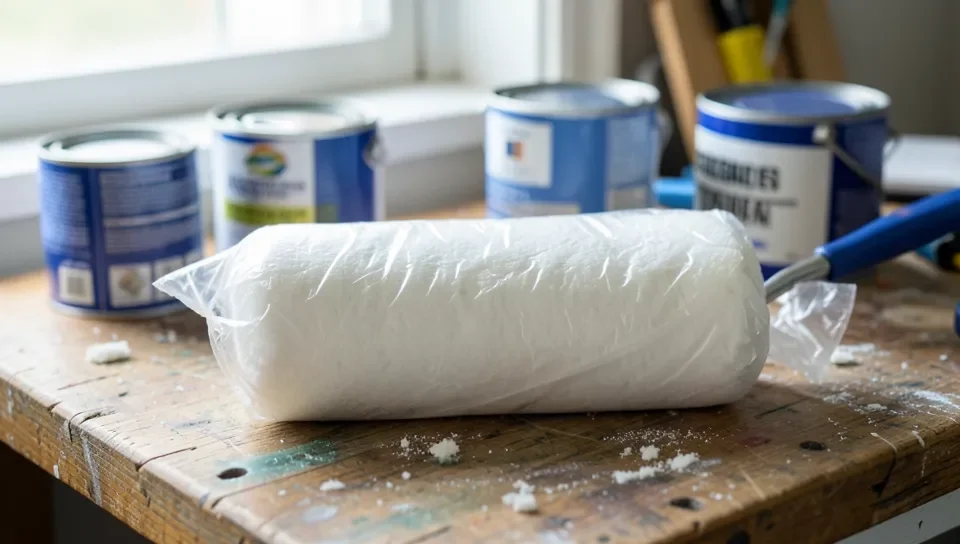 A clean paint roller wrapped in plastic for storage