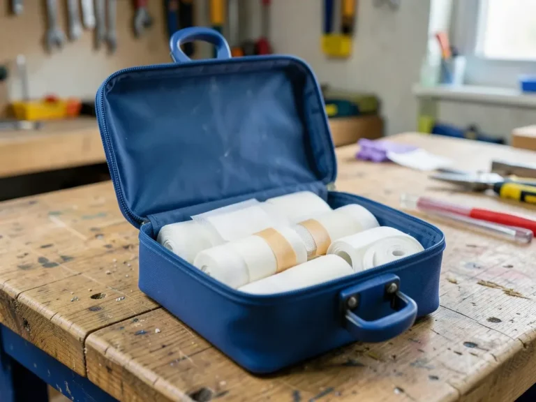 First aid kit with sterile bandages and wound closure strips on a workbench