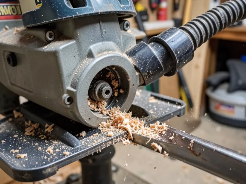Dust collection hose attached to a table saw dust port near the blade