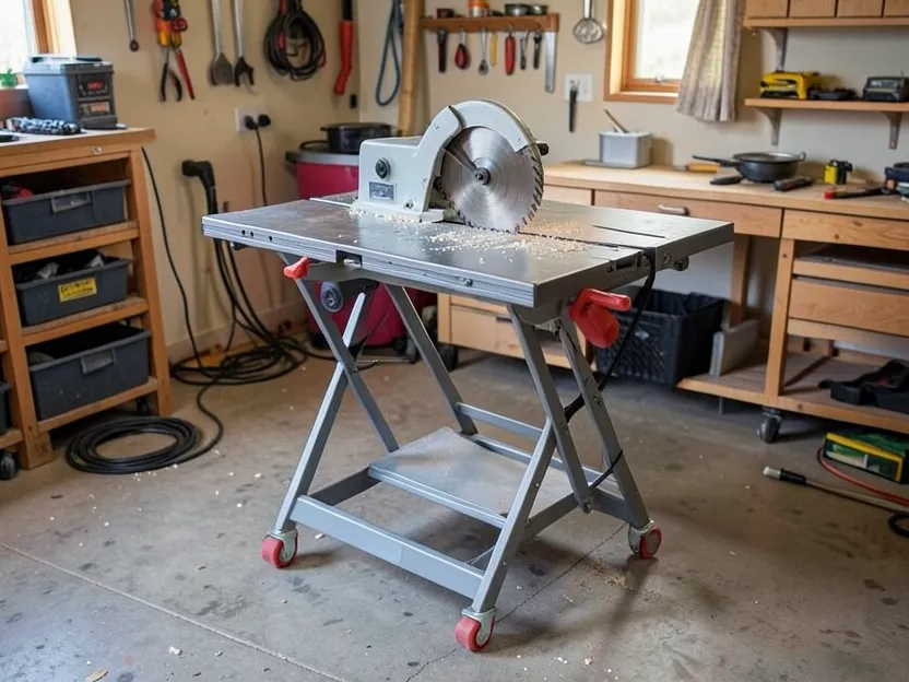 Table saw on a folding mobile stand with caster wheels for easy moving in a small workshop