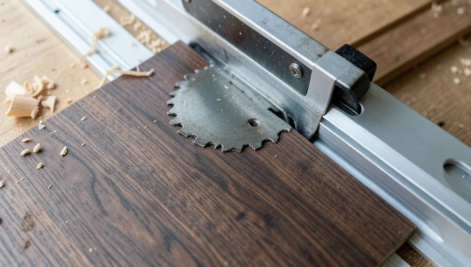 Track saw blade cutting a clean splinter-free edge through veneered plywood along the guide rail