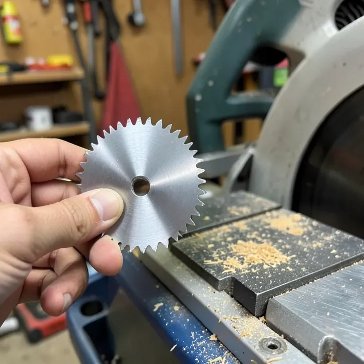 Sharp carbide table saw blade being compared next to a table saw