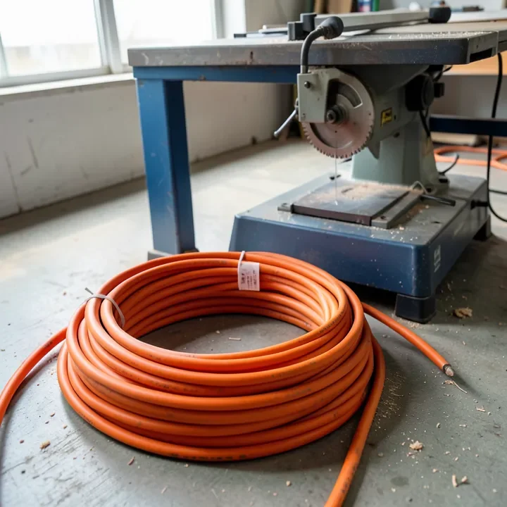 Heavy-duty extension cord coiled next to a table saw