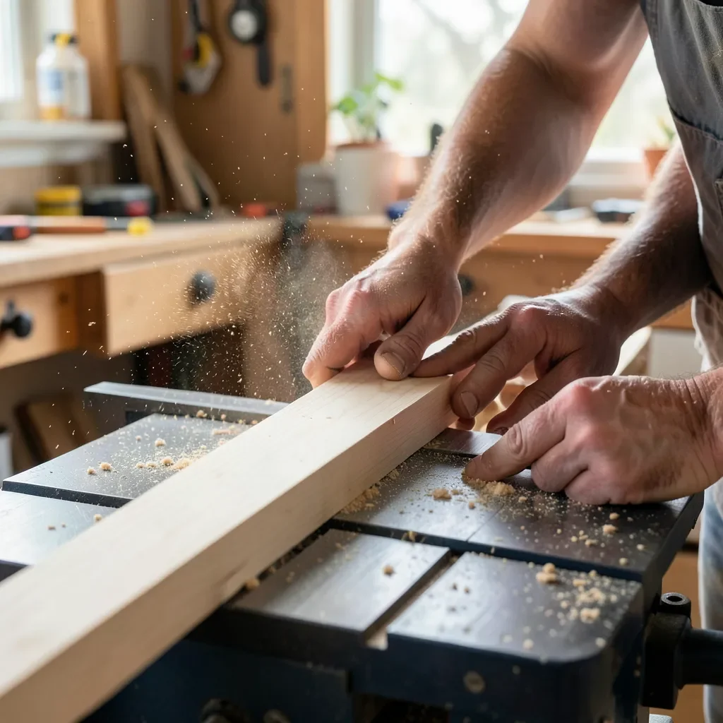 Carpenter feeding a wood board into a table saw blade