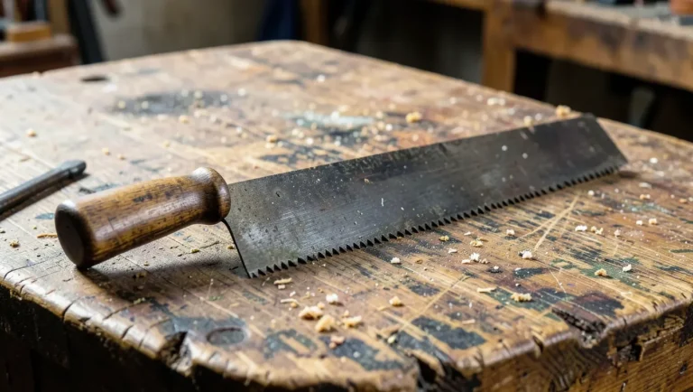 A worn antique hand saw on a workbench