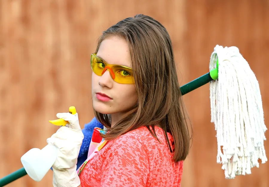 Rubber gloves, safety goggles, spray applicator and mop used when stripping old wax from a wood floor Rubber gloves, safety goggles, spray applicator and mop used when stripping old wax from a wood floor