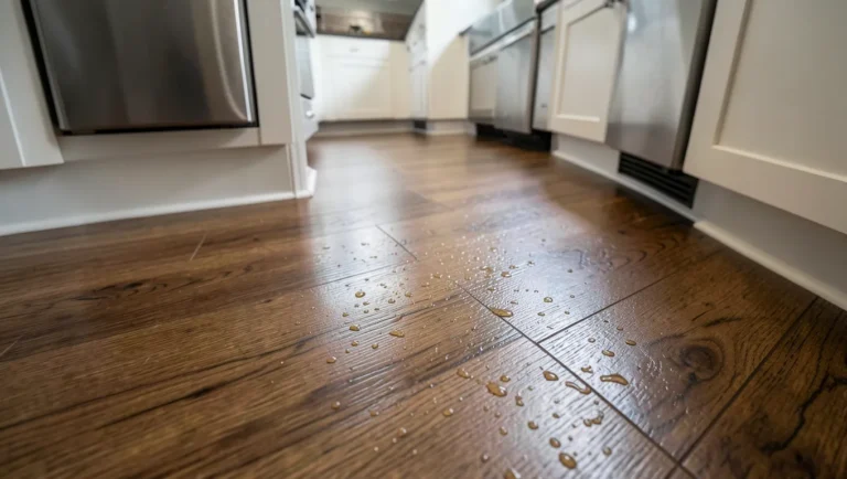 Brown oak look waterproof luxury vinyl plank flooring in a kitchen