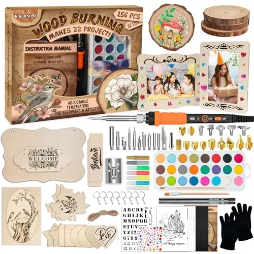 A large wood burning kit laid out showing tips, stencils, paint and wood surfaces included in the piece count