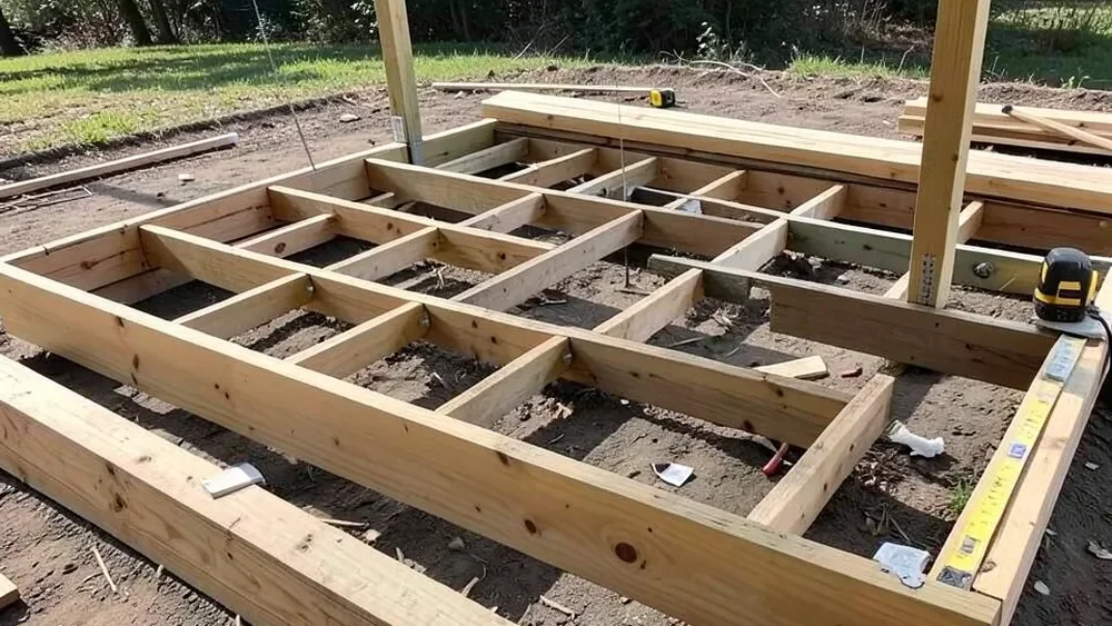 Wood deck framing with joists and support posts before decking boards are installed