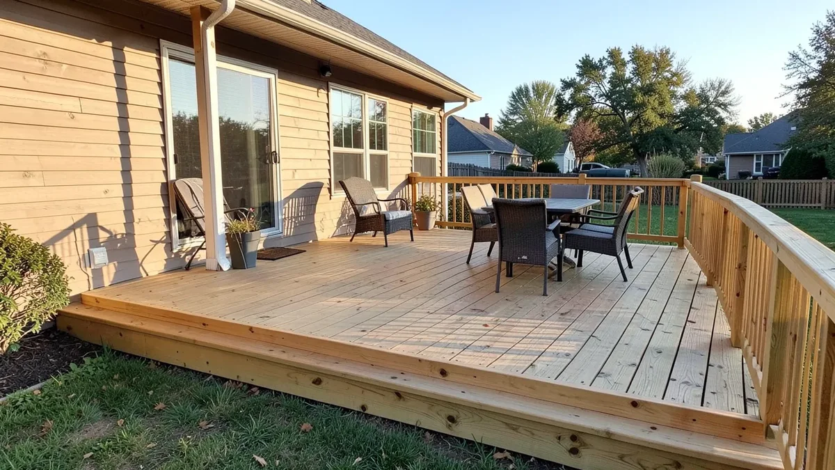 Newly installed pressure-treated wood deck attached to a suburban house