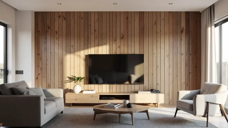 Living room with vertical hardwood flooring planks installed as a floor-to-ceiling accent wall