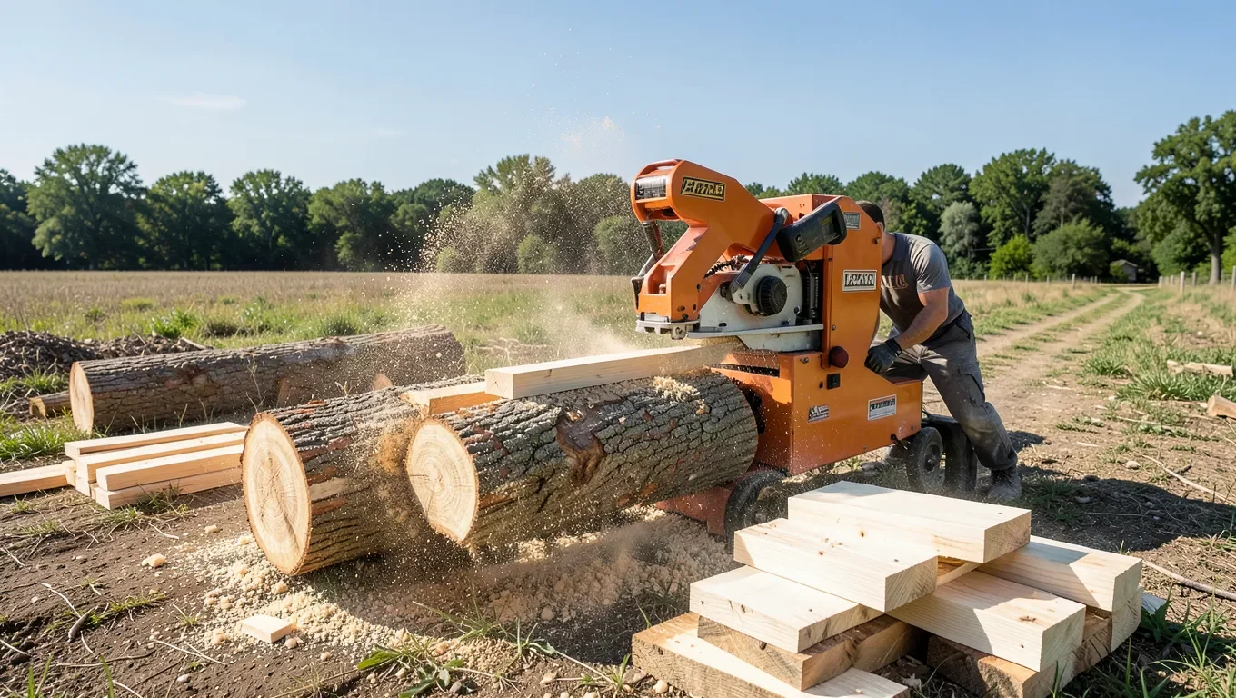 Portable bandsaw sawmill cutting a large log into lumber boards outdoors