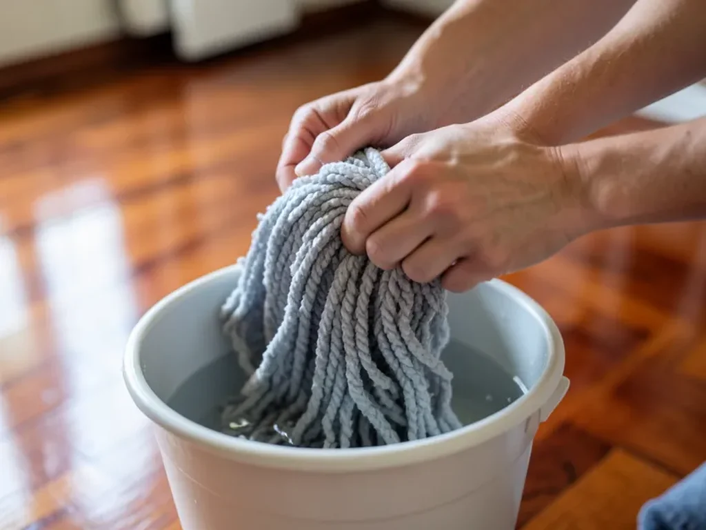 Hands wringing out a microfiber mop over a bucket of water next to a glossy sealed hardwood floor