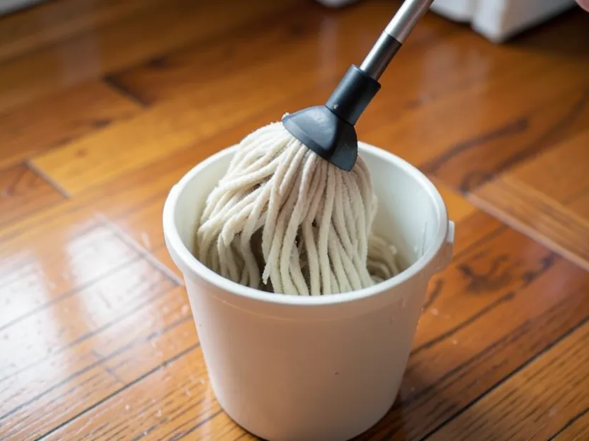 Wringing a mop nearly dry before using it on a hardwood floor