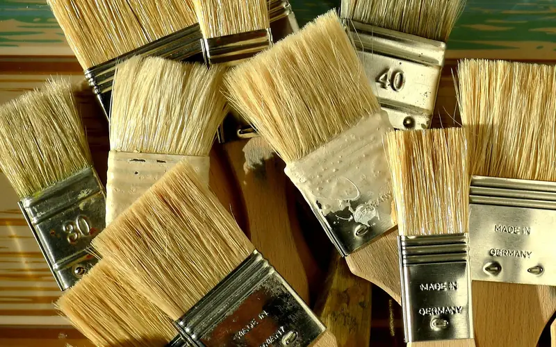 Natural bristle paintbrushes laid out on a wooden surface Natural bristle paintbrushes laid out on a wooden surface
