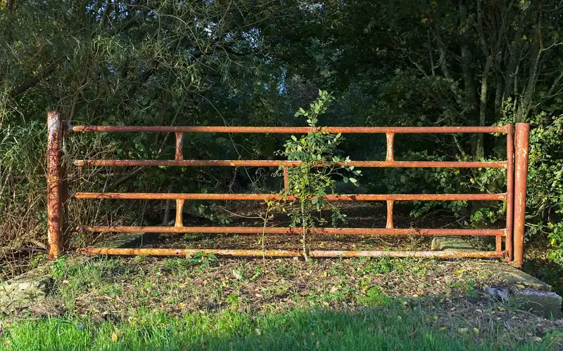 Rusty steel gate with orange surface rust on every rail Rusty steel gate with orange surface rust on every rail