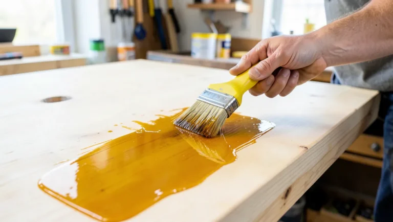 Woodworker brushing amber oil-based polyurethane onto a pale wood tabletop, showing the color darkening in real time