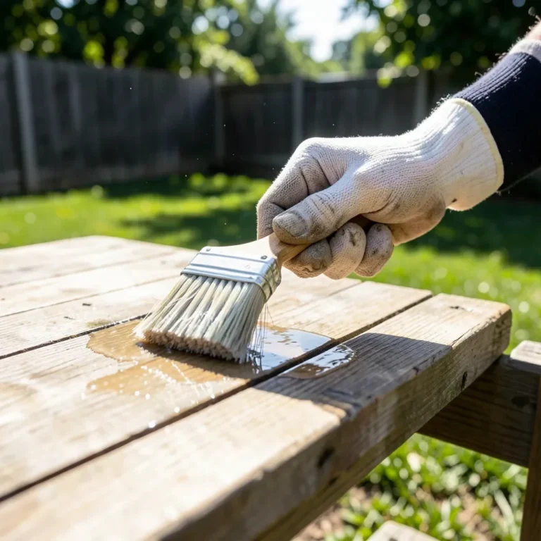 hand applying clear polyurethane finish to an outdoor wood table